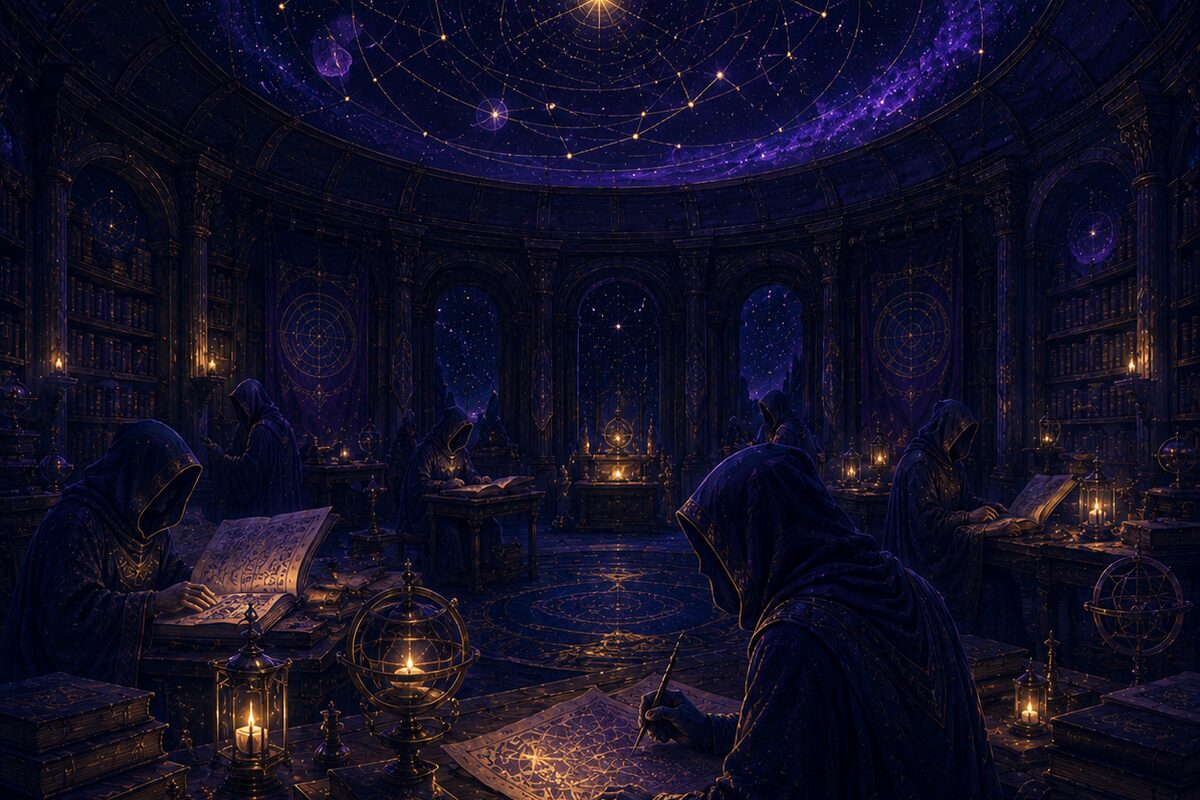 Hooded scribes writing beneath a domed hall of constellations