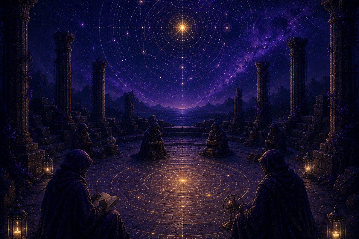 A colonnade courtyard with a star-map floor beneath the night sky
