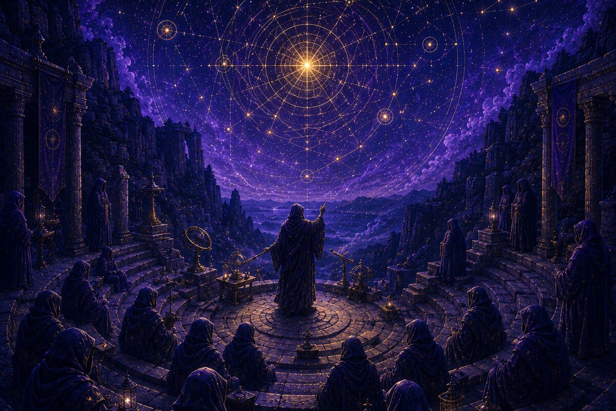 A hooded figure addressing a seated circle beneath the stars